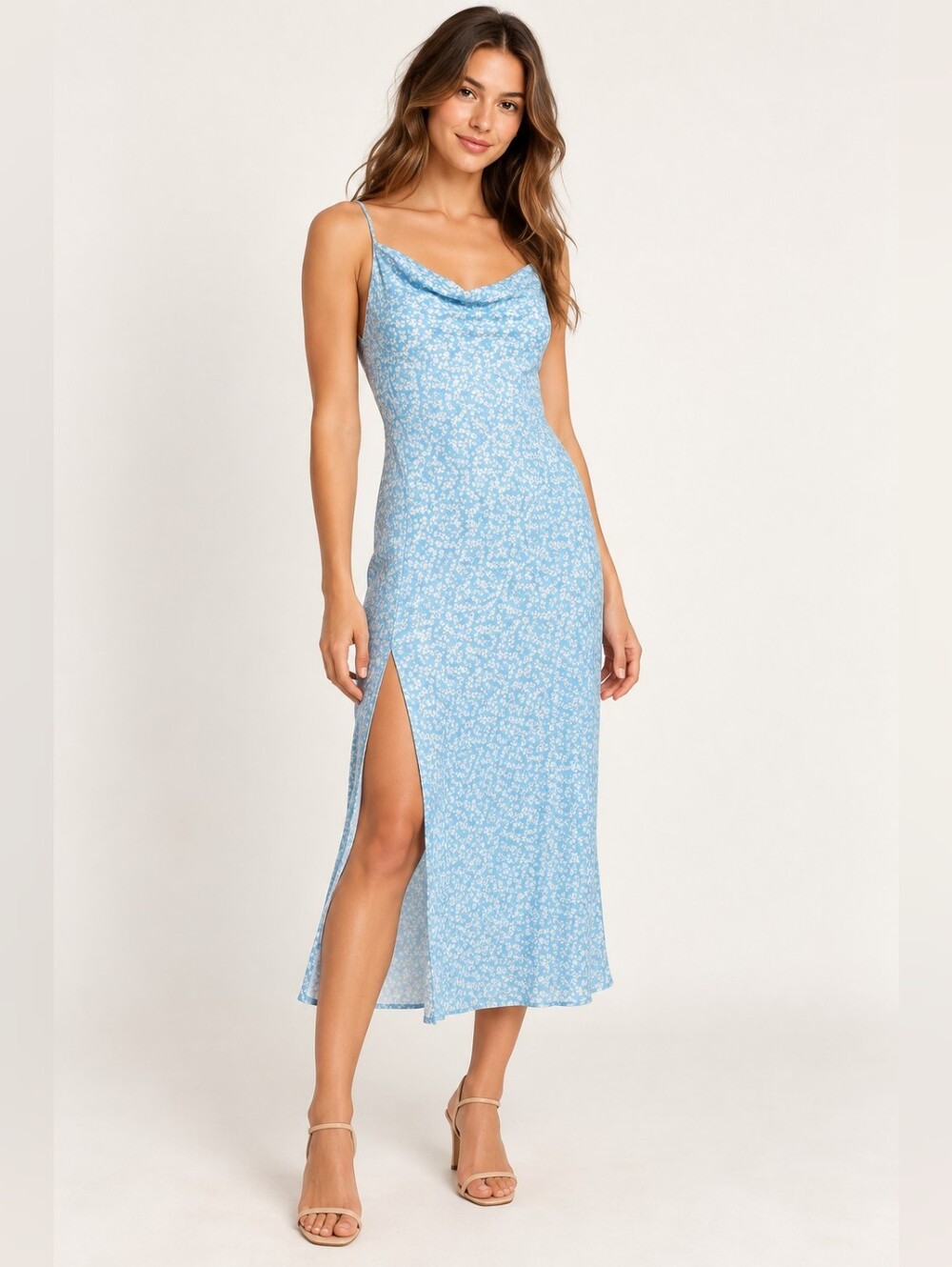 RESA Madison Floral Slip Dress – NWT – Blue Floral Midi Dress with Side Slit–SM